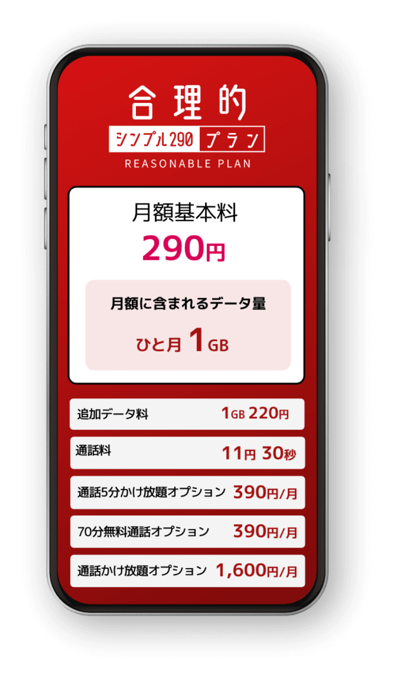 月額290円(税別264円)で1GB 合理的シンプル290プラン
